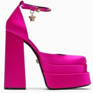 NWT Versace Aevitas Fuchsia Pink Satin Platform Pumps 39 US 9 Rare Heels